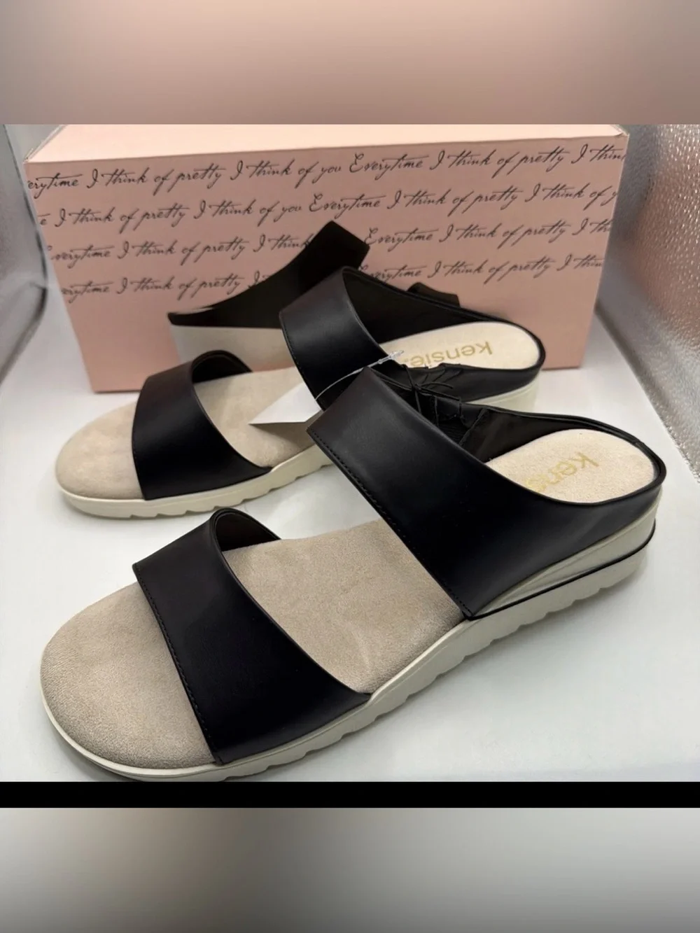 Kensie Womens Endy Comfort Slide Sandals Black White Size 9 M US